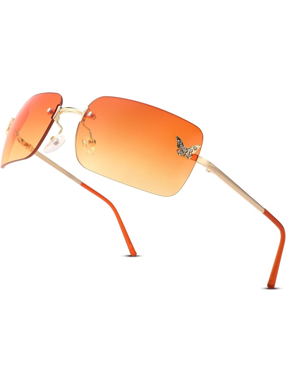 Rimless Orange Gradient Butterfly Accent Sunglasses - Women